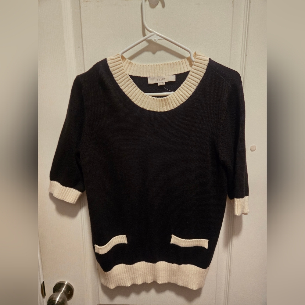 LOFT Black and Cream Knit Sweater